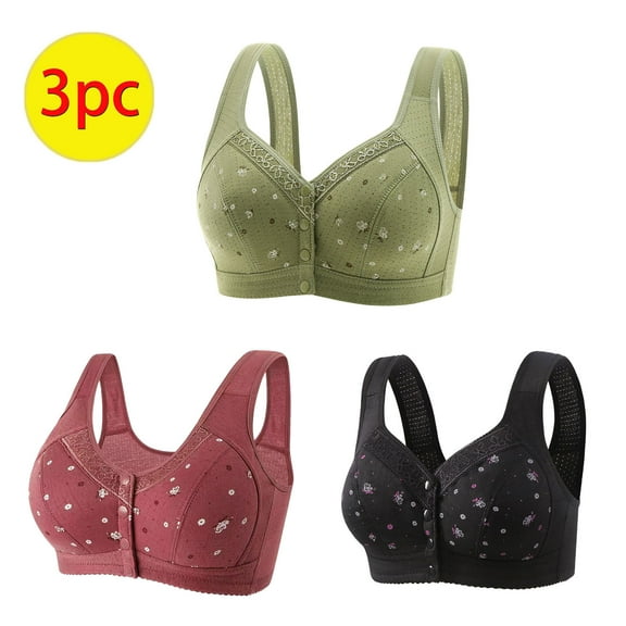 NSLGXD 3PC Plus Size Daisy Bras for Older Women 2025 Comfy Convenient Front Closure Bras Full Support No Underwire Bras Full Coverage Breathable Bralettes for Women Everyday Bras