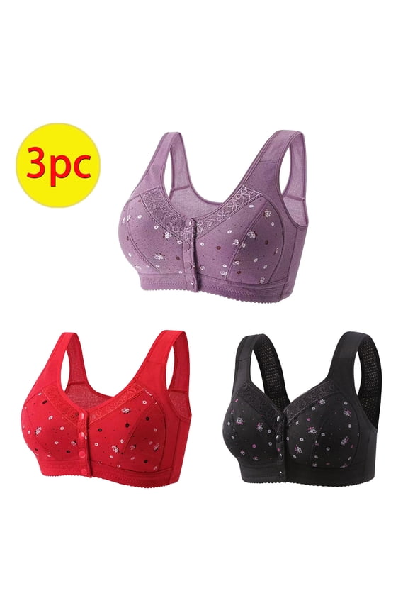 3PCS Daisy Bras for Older Women Comfy Convenient Front Closure Bras No Underwire Supportive Bras Plus Size Push Up Bras Full Coverage Brassiere for Everyday Underwear