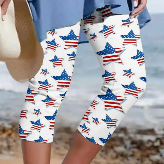 NSLGXD 4th of July Capri Pants for Women 2024 Plus Size Leggings Fashion American Flag Print Capri Leggings Elastic High Waisted Cropped Pants Vacation Beach Pants