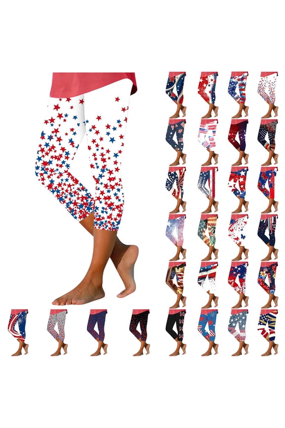 American Flag & Eagle Print Capri Leggings for Women High Waisted Daily Wear Cropped Pant Trendy Patriotic Straight Leg 7/8 Legging S-3XL