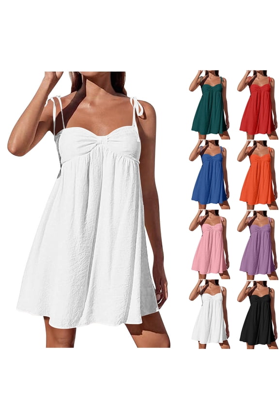 Beach Mini Dresses for Women Tie Shoulder High Waisted A Line Sun Dress Summer Casual Flowy Camisole Dresses Breathable Linen Blend Babydoll Dress S-2XL