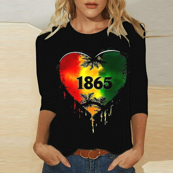 NSLGXD Black History Month T-Shirts for Women Plus Size 3/4 Sleeve Crew Neck Shirts African American Shirt Vintage Color Block Heart Print Tee Going Out Tops for Women 2025