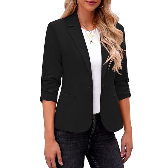 NSLGXD Blazer Jackets for Women 3/4 Sleeve Business Casual Suit Jacket Slim Fit Work Office Blazer with Padded Shoulder Button Front Outerwear Jackets