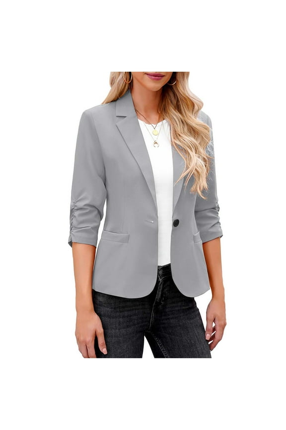 Blazer Jackets for Women 3/4 Sleeve Business Casual Suit Jacket Slim Fit Work Office Blazer with Padded Shoulder Button Front Outerwear Jackets