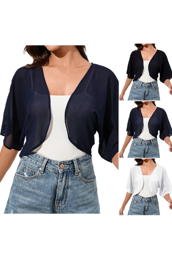 Bolero Shrug for Women Open Front Short Sleeve Sheer Chiffon Cardigans Summer Lightweight Sun Protection Wedding Cover Ups S-2XL Navy Cardigans