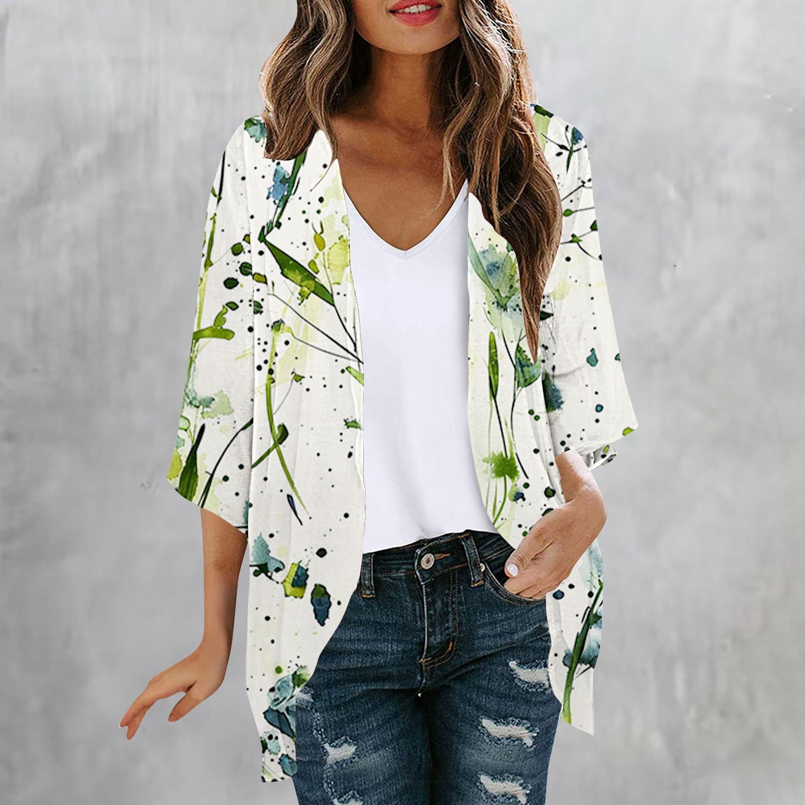 Women's 3/4 Sleeve V-Neck Tunic Top - Casual Loose Fit Floral Print Blouse