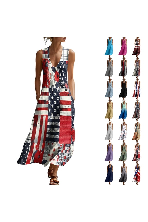 Casual Dresses for Women Plus Size Sleeveless Patriotic Tshirt Dress 2026 Linen Blend V Neck Long Wrap Dress with Pockets S-3XL Graphic Dress