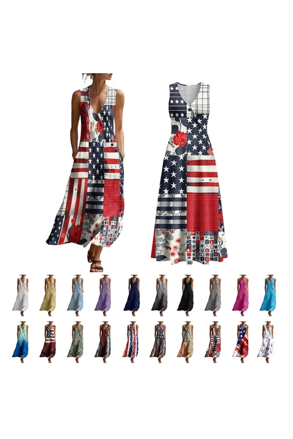 Casual Dresses for Women Plus Size Sleeveless Patriotic Tshirt Dress 2026 Linen Blend V Neck Long Wrap Dress with Pockets S-3XL Graphic Dress