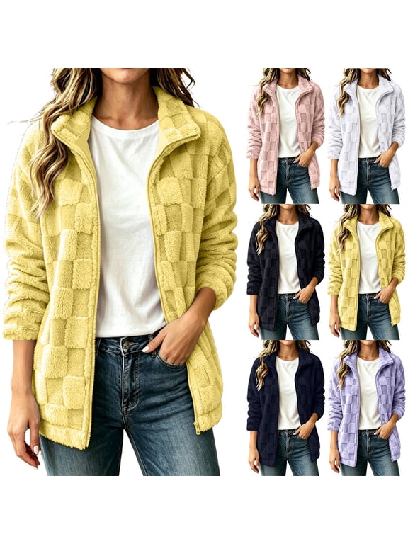 Checkerboard Pattern Fleece Jackets for Women Stand Collar Full Zip Long Sleeve Casual Fall Outerwear Coats with Pockets S-3XL