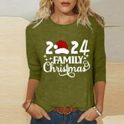 NSLGXD Christmas 3/4 Sleeve Shirts for Women 2024 Family Christmas Graphic T Shirts Casual Crewneck Pullover Tops Merry Christmas Hat Blouses Army Green L