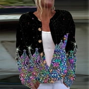 NSLGXD Christmas Sweaters for Women Ugly Funny Xmas Button Up Cardigans Fall Winter Vintage Knitted Outerwear Sparkly Christmas Tree Print Swearer Coats Christmas Gifts for Women