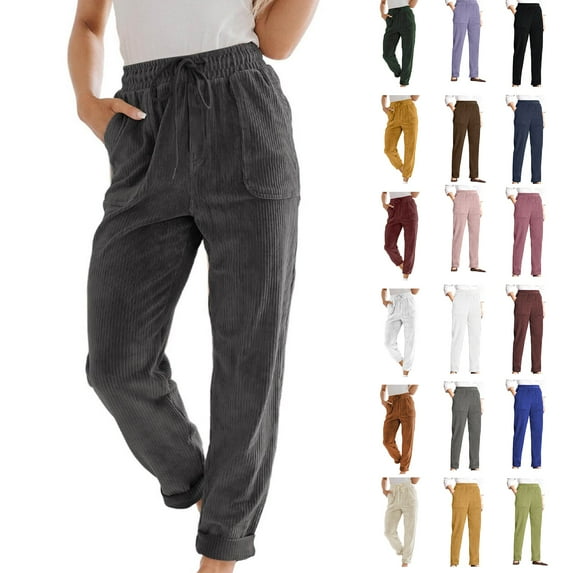 NSLGXD Corduroy Pants for Women Slacks Elastic High Waisted Pants Pull on Lounge Straight Wide Leg Pants Fall Winter Solid Color Trousers with Pockets