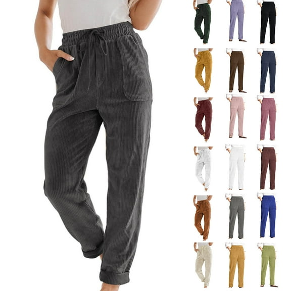 NSLGXD Corduroy Pants for Women Slacks Elastic High Waisted Pants Pull on Lounge Straight Wide Leg Pants Fall Winter Solid Color Trousers with Pockets