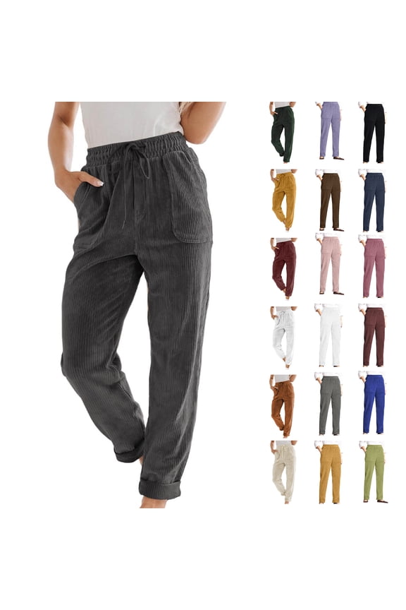 Corduroy Pants for Women Casual Drawstring Elastic High Waist Pant Solid Color Straight Leg Pants Loose Comfy Trousers with Pockets