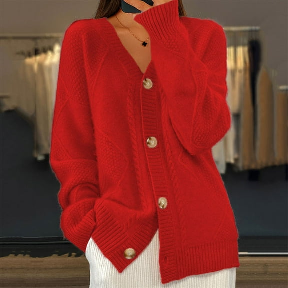NSLGXD Cotton Cardigan Sweaters for Women V Neck Button Front Bulky Knit Cardigan Long Sleeve Loose Winter Warm Ladies Sweaters