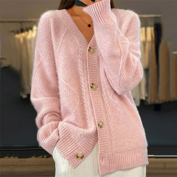 NSLGXD Cotton Cardigan Sweaters for Women V Neck Button Front Bulky Knit Cardigan Long Sleeve Loose Winter Warm Ladies Sweaters