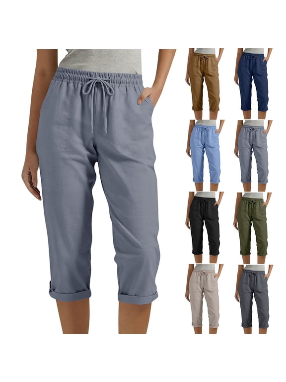 Cotton Linen Capris for Women Rolled Hem Drawstring High Waisted Cropped Trousers Solid Slim Fit Plus Size Capris with Pockets S-3XL Dark Gray Capris for Women
