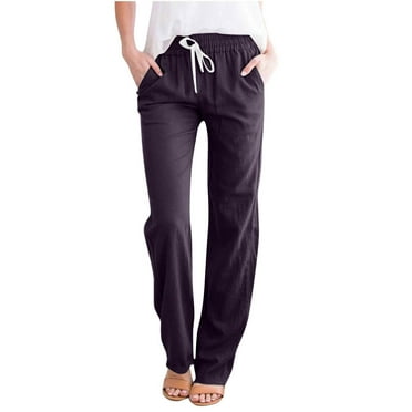 NSLGXD Cotton Linen Pants for Women with Pockets Drawstring Elastic High Waist Trousers Classic Solid Color Wide Leg Straight Pant Lightweight Comfy Lounge Trouser for Women