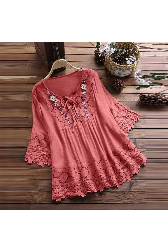 Cotton Linen Shirts for Women Eyelet Floral Embroidery Blouse Traditional Mexican Shirts 3/4 Length Sleeve Bow Keyhole Pullover Loose Fit Comfy Tops
