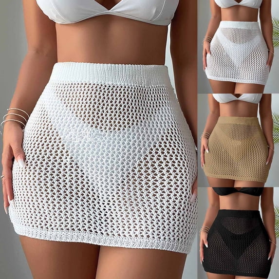NSLGXD Crochet Beach Cover Up Skirts for Women Elastic High Waisted See Through Mini Skirt Coverups Mesh Quick Dry Bikini Dresses Black Cover Ups,Size S-L