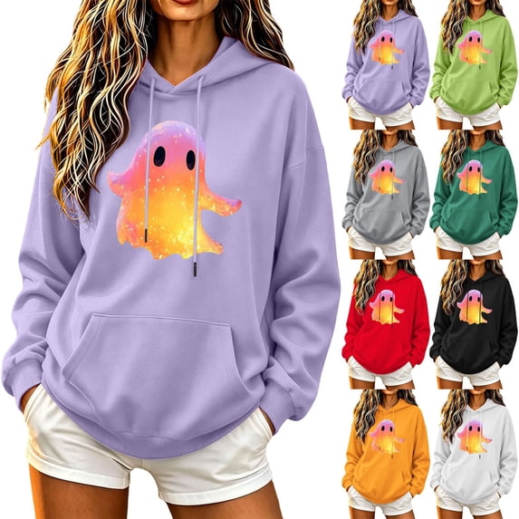 NSLGXD Cute Gradient Ghost Graphic Hoodies for Women Halloween Trendy Oversized Pocket Hooded Sweatshirt Soft Baggy Long Sleeve Casual Fall Tops S-XL