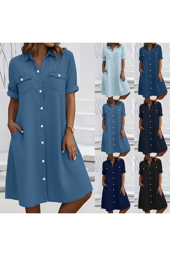 Denim Dress for Women 2026 Short Sleeve Lapel Collared Midi Shirt Dresses with Chest Pockets Dressy Casual Business Work Jean Dress S-2XL