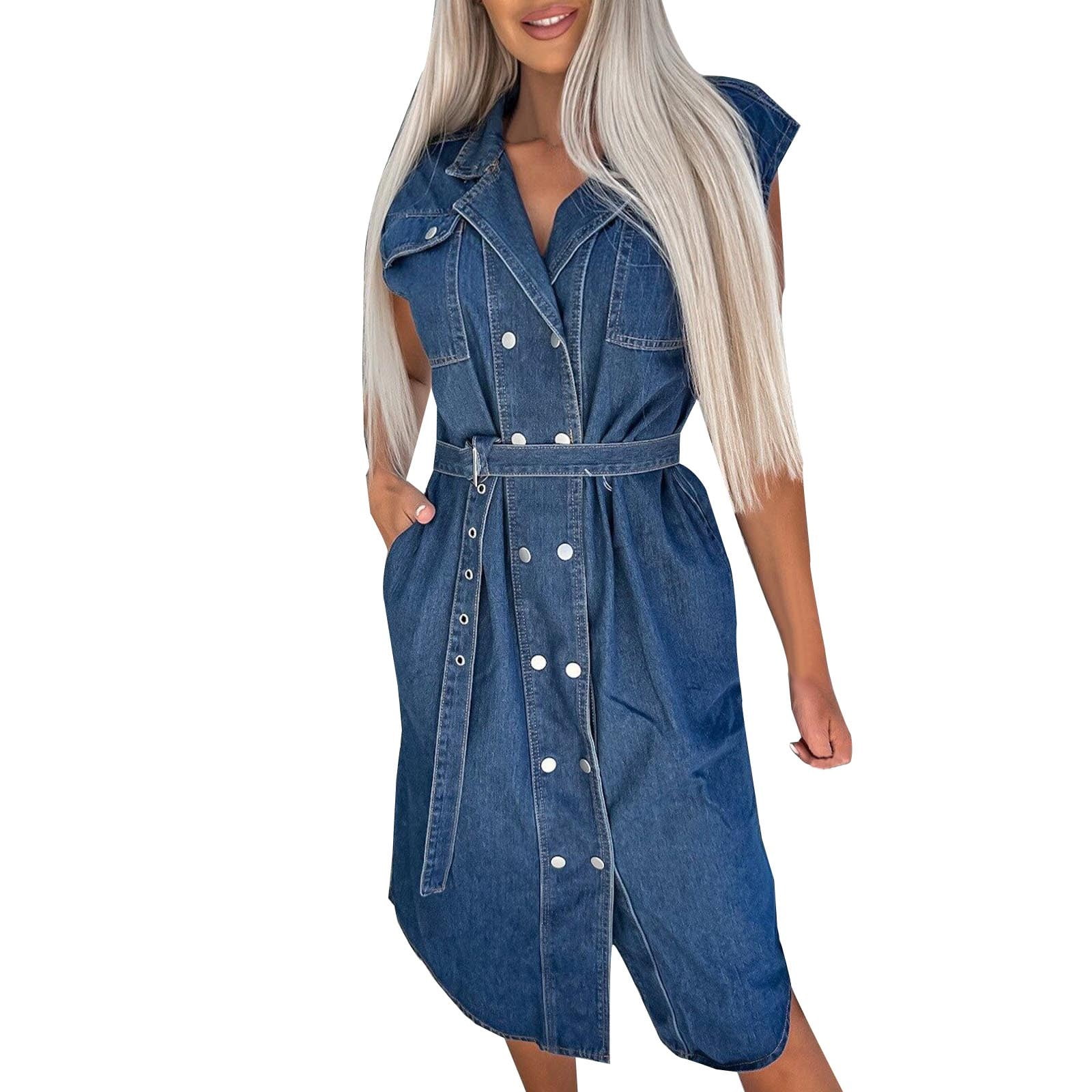 NSLGXD Denim Dresses for Women with Pockets Short Sleeve Denim Shirt