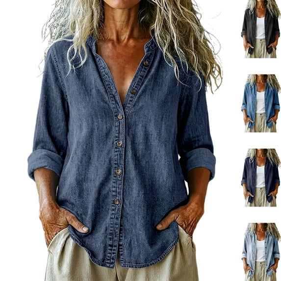NSLGXD Denim Shirt Women Button Down V Neck Jean Shirts Long Sleeve Soft Denim Lightweight Jackets Loose Fit Spring Fall Casual Tops S-2XL
