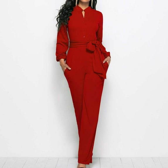 NSLGXD Elegant Jumpsuits for Women Dressy Casual Wide Leg Overalls Pants Long Sleeve Belted Business Work Rompers with Pockets