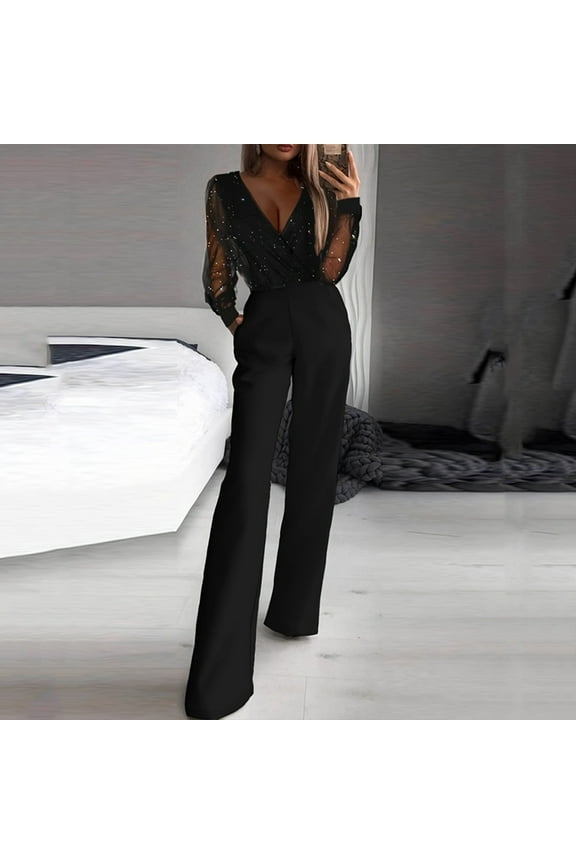 Elegant Jumpsuits for Women V Neck Mesh Splicing Long Sleeve Overalls Loose Wide Leg Rompers Evening Party Wedding Jumpsuits