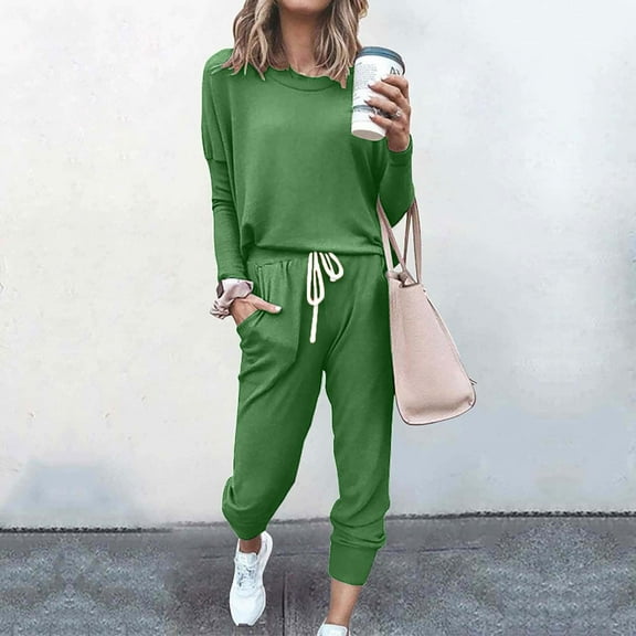 NSLGXD Fall Winter Sweatsuits Women 2 Piece Lounge Sets Casual Crewneck Sweatshirt and Drawstring Pant Jogger Outfits Tracksuit