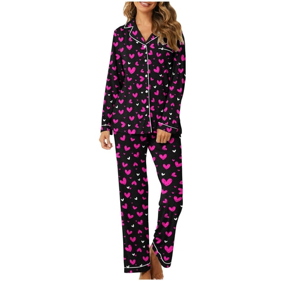 NSLGXD Fashion Heart Print Pajamas Sets for Women Long Sleeve Button Up Shirts and Lounge Pants 2pc Outfits Holiday Winter Warm Loose 2 piece Pjs Set