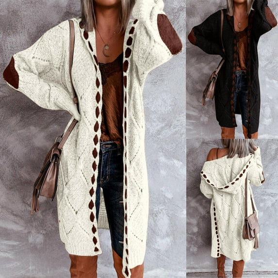 NSLGXD Fashion Knitted Cardigan Sweaters for Women Long Sleeve Color Block Cardigans Fall Winter Patchwork Hoodie Knit Sweaters