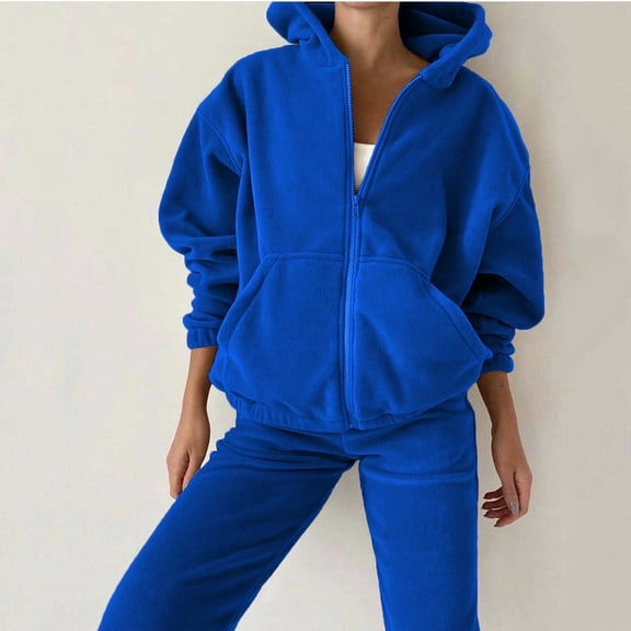 NSLGXD Fleece Tracksuit Set for Women 2 Piece Long Sleeve Full Zip Up Hoodie Jogger Sweatpants Set Loose Fit Matching Lounge Set with Pockets