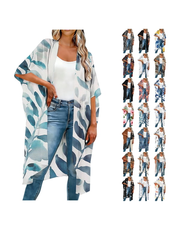 Floral Print Kimonos for Women Summer Casual Beach Swimsuit Coverups Lightweight Boho Cover Ups Cardigans White Cover Ups,Size S-5XL