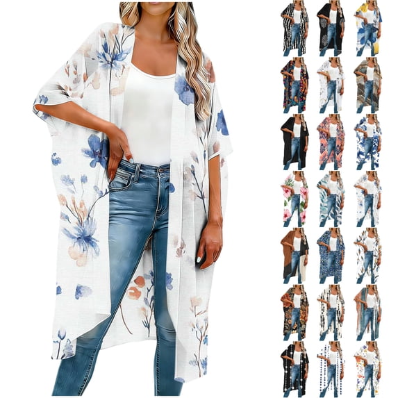 NSLGXD Floral Print Kimonos for Women Summer Casual Beach Swimsuit Coverups Lightweight Boho Cover Ups Cardigans White Cover Ups,Size S-5XL