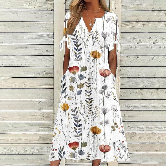 NSLGXD Flower Dresses for Women Short Sleeve Tie Casual Summer Maxi Dress Smocked Waisted Pleated Long Dresses