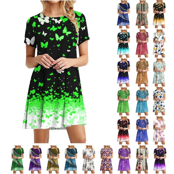 NSLGXD Flowy Dresses for Women Short Sleeve Round Neck Boho Dress Casual Loose Fit Elegant Mini Dresses Tree Print Lightweight Summer T-Shirt Dress Gold Dress,Size S-2XL