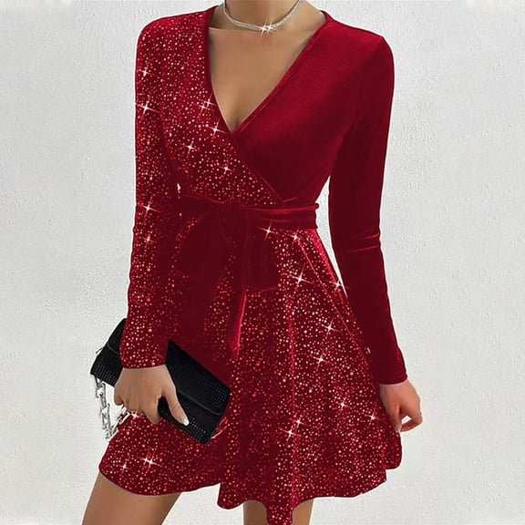 NSLGXD Formal Sequin Mini Dress for Women Trendy Long Sleeve A Line Sparkly Short Dresses Fashion V Neck Glitter Velvet Dress