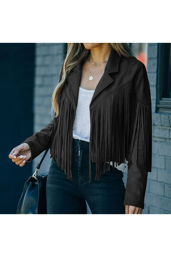 Fringe Cropped Jackets for Women Faux Leather Cardigan Coats Vintage Long Sleeve Lapel Motorcycle Jacket Utility Tassel Suede Moto Jacket Fall Outerwear