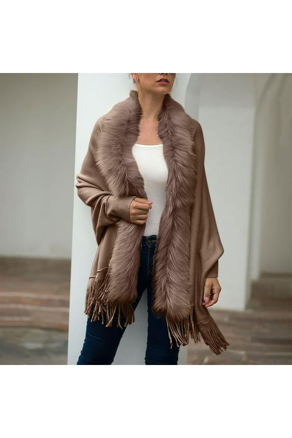 Fringe Knit Cardigan for Women Faux Fur Collar elegant Shawl Sweater Cardigan Batwing Sleeve Open Front Fringed Ladies Sweaters