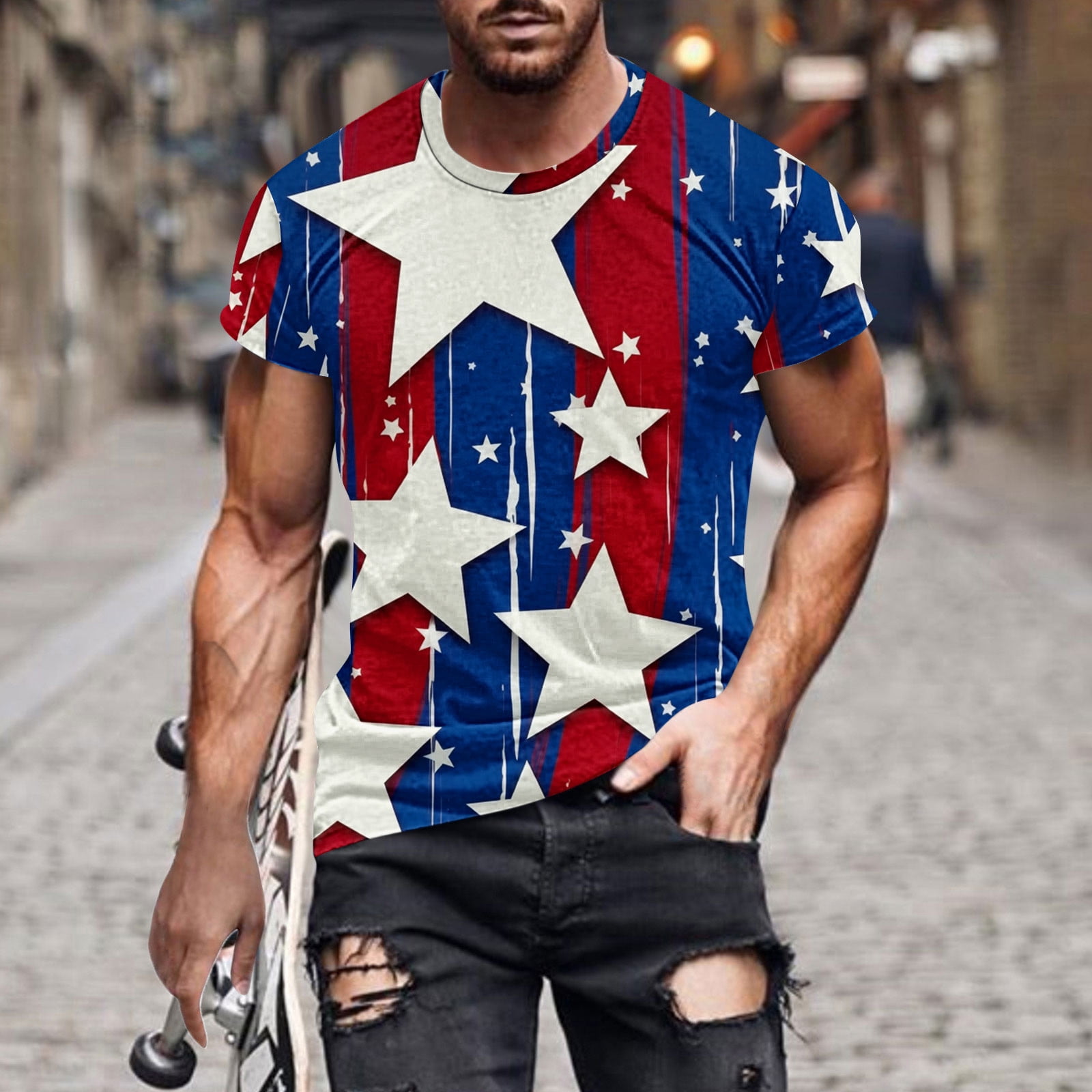 NSLGXD Gym Shirts Men 4th of July Patriotic Red White and Blue Graphic Tees Independence Day
