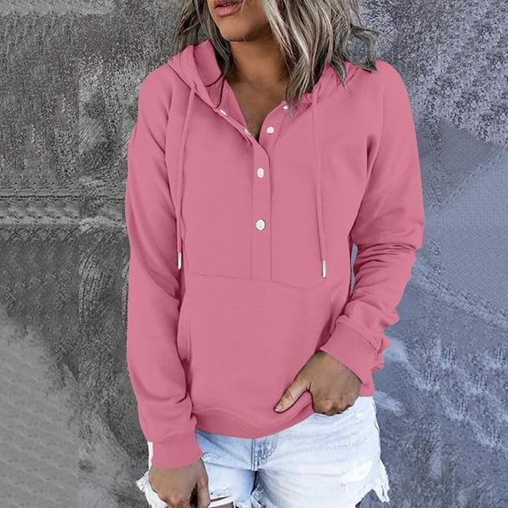 NSLGXD Half Button V Neck Hoodies for Women Drawstring Casual Long Sleeve Pullovers Solid Color Comfortable Sweatshirts with Pocket