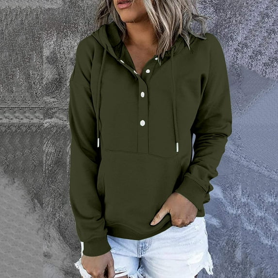 NSLGXD Half Button V Neck Hoodies for Women Drawstring Casual Long Sleeve Pullovers Solid Color Comfortable Sweatshirts with Pocket