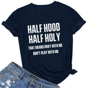 NSLGXD Half Hood Half Holy T-Shirts for Women Crewneck Short Sleeve Shirts Letters Print Tee Tops Summer Casual Comfy Blouse 2024