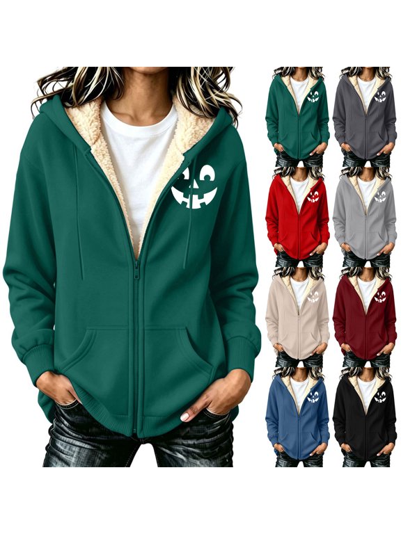 Halloween Fleece Jackets for Women Full Zip Pumpkin Face Print Long Sleeve Warm Fall Hoodie with Pockets M-3XL