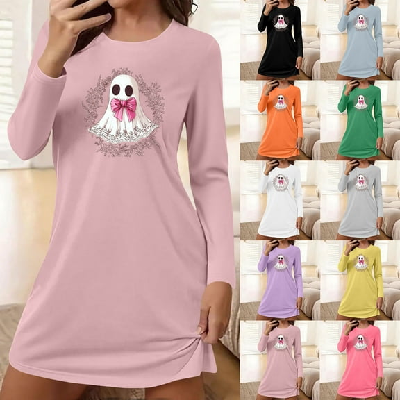 NSLGXD Halloween Pajama Dress Long Sleeve Nightshirts Crewneck Casual Nightgowns Cute Ghost Print Cotton Fall Dresses