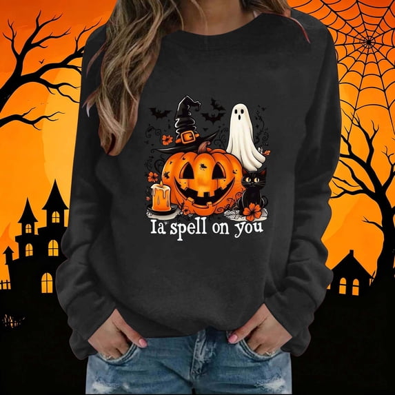 NSLGXD Halloween Sweatshirts Women Funny Pumpkin Graphic Pullovers Vintage Classic Round Neck Long Sleeve Sweat Tops Halloween Clothes S-2XL