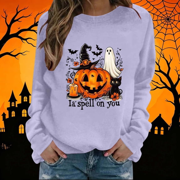 NSLGXD Halloween Sweatshirts Women Funny Pumpkin Graphic Pullovers Vintage Classic Round Neck Long Sleeve Sweat Tops Halloween Clothes S-2XL