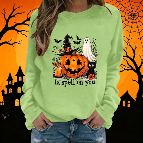NSLGXD Halloween Sweatshirts Women Funny Pumpkin Graphic Pullovers Vintage Classic Round Neck Long Sleeve Sweat Tops Halloween Clothes S-2XL